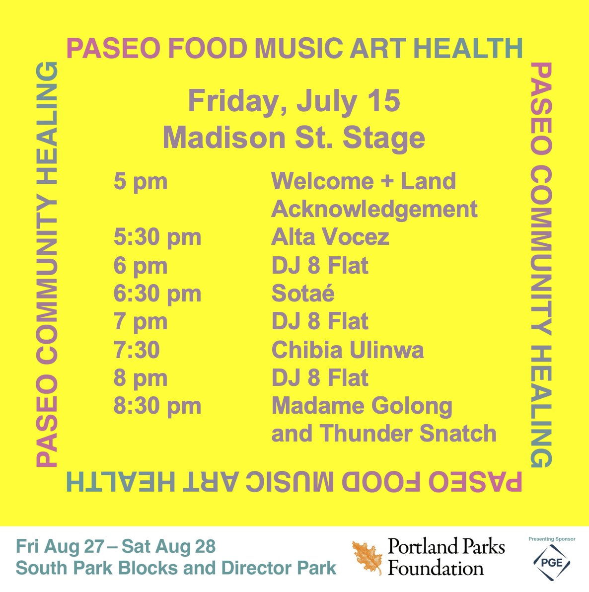 paseo_pdx's tweet photo. We’ve just released the performance 🎤 schedule for Night 1 of Paseo on Friday, July 15 including Alta Vocez, DJ 8 Flat, Sotaé, Chibia Ulinwa and Madame Golong and Thunder Snatch. Check out the full line up here: https://t.co/a7UrFGx5HM #PDX #PaseoPDX #PDXEvents #DowntownPDX https://t.co/h8YppOmPQe