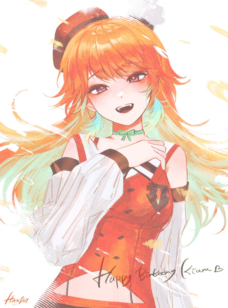 takanashi kiara 1girl solo orange hair hat smile chef hat bow choker  illustration images