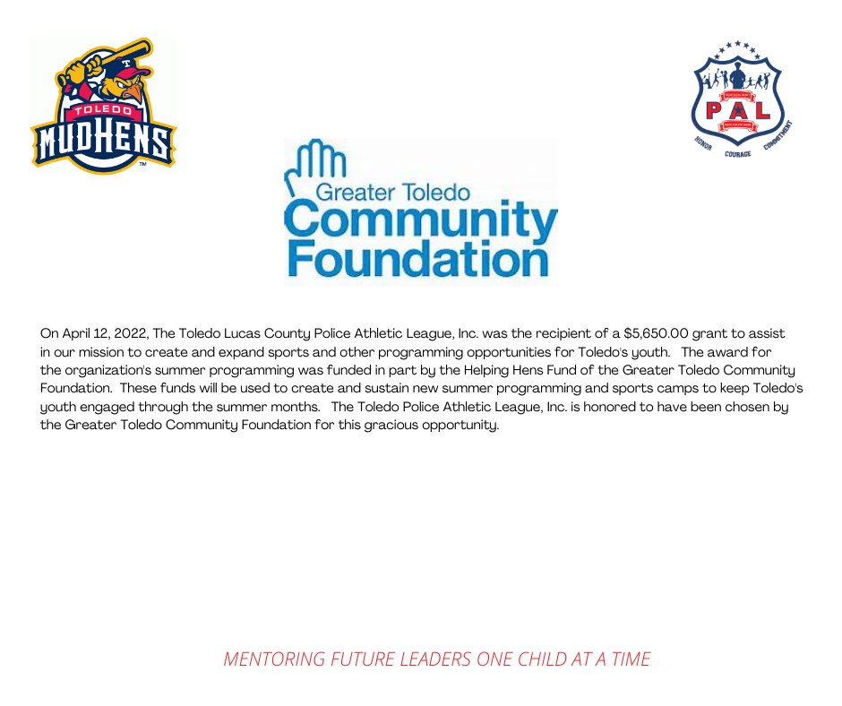 ToledoPAL's tweet photo. The Toledo Lucas County Police Athletic League, Inc. receives an award of $5,650.00 from the Helping Hens Fund of the Greater Toledo Community Foundation.
#GTCF
#Toledopolice
#Toledopal
#IBelieve
#Lucascountysheriffsoffice https://t.co/DgIgaZjTJj