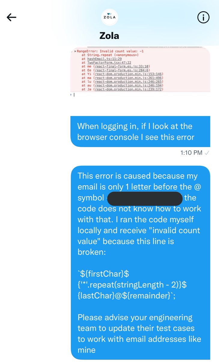 Stammy's tweet photo. Never did I think wedding planning would involve describing typescript bugs to a wedding registry company whose product I use but here we are

unable to login, likely because they never expected an email to only have 1 letter before the @ symbol  

I’ve highlighted their issue https://t.co/CiqLbQSWNV