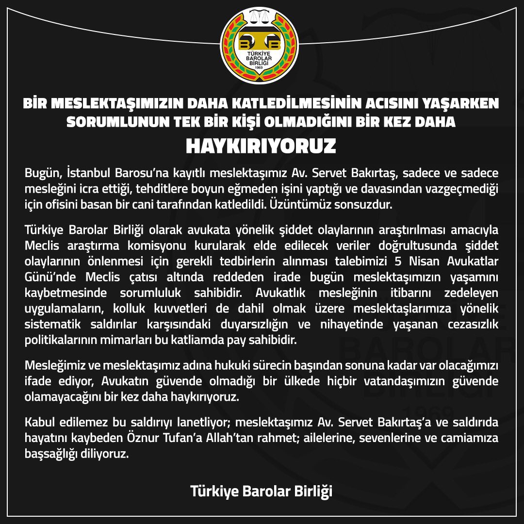 Bir Meslektaşımızın Daha Katledilmesinin Acısını Yaşarken
Sorumlunun Tek Bir Kişi Olmadığını Bir Kez Daha Haykırıyoruz

👉 tbb.av.tr/633