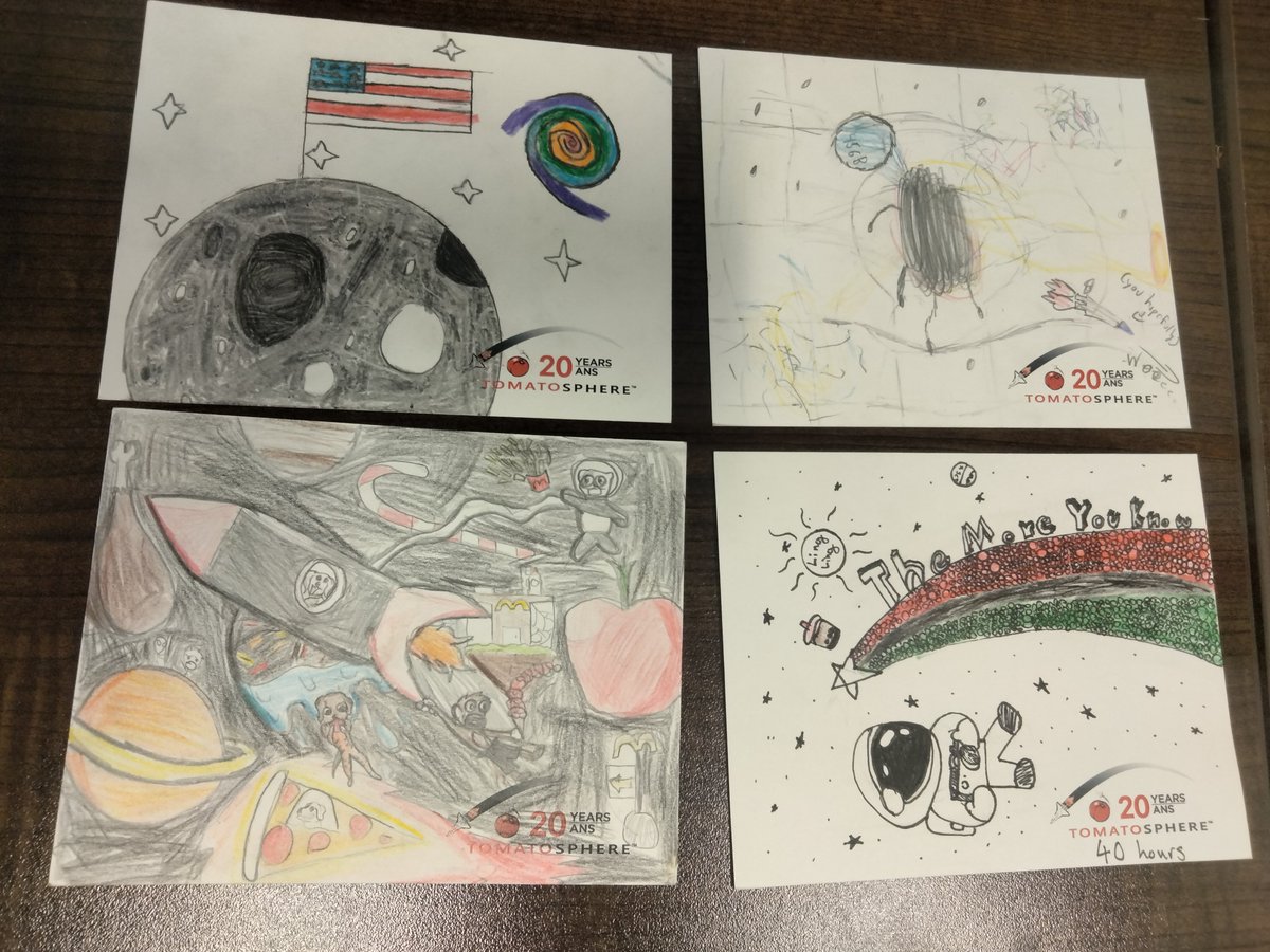 A new batch of postcards from the Send a Postcard to Space program is in and they are great! A few of them are pictured here. What jobs do you think would be needed to feed astronauts on the Moon or Mars? #seeds #space #seedscience #tomatosphere
