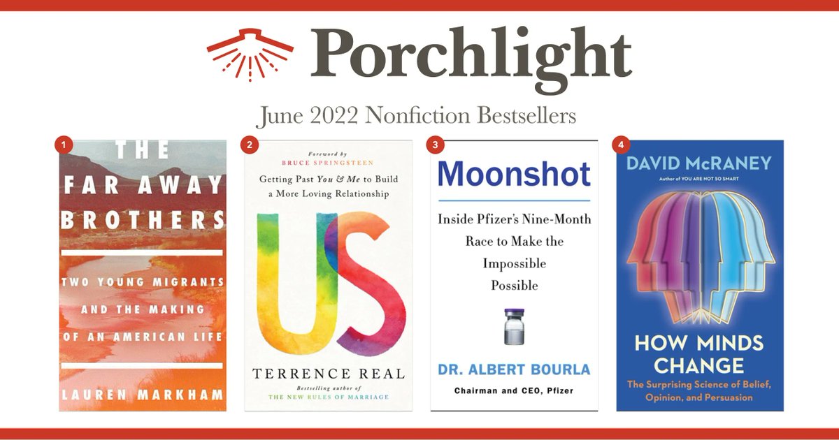 porchlightbooks's tweet photo. CONGRATULATIONS to last month’s #bestsellers!
Here are June's Bestselling #Nonfiction Books, 1-4.
Featuring:
1. @LaurenMarkham_
2. #TerrenceReal
3. @AlbertBourla
4. @davidmcraney
View the full list → https://t.co/wg1oaqkbZ4 https://t.co/AIhsNLzckL