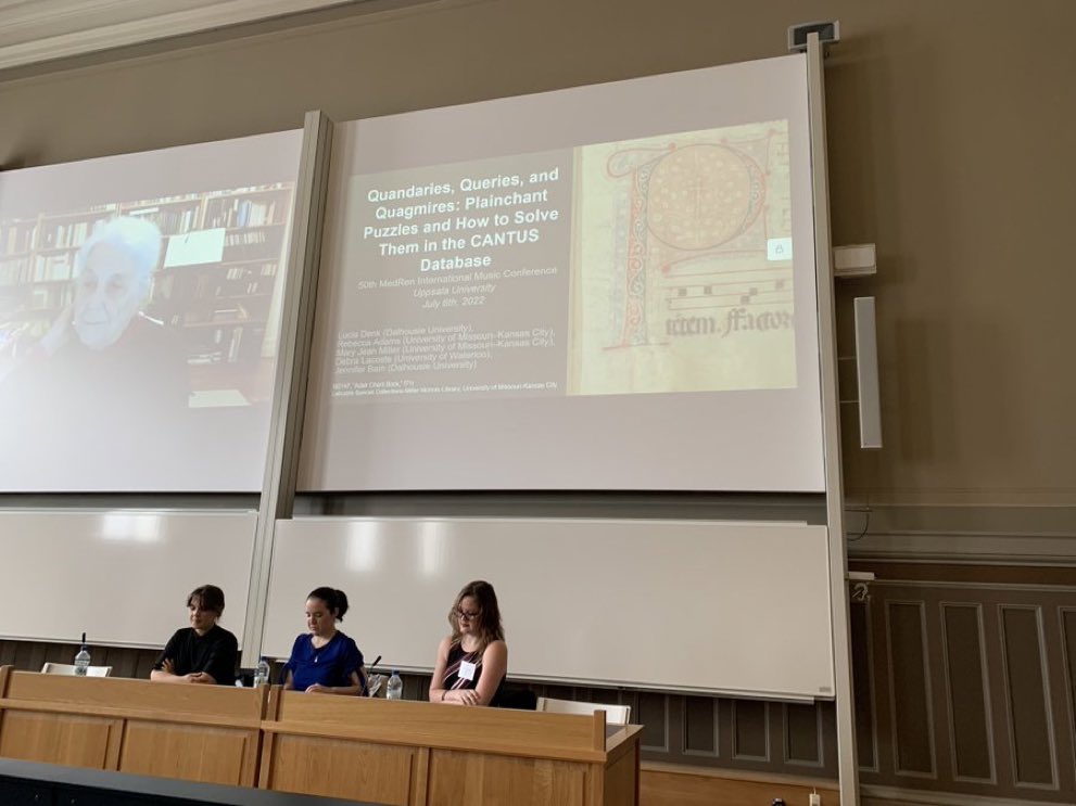 virginiablanton's tweet photo. These fabulous researchers — Denk, Adams, &amp; Miller — facilitated a great workshop @MedRen2022 as part of the @CodicesUMKC project on MSI and palimpsests in a Spanish book of plain chant! https://t.co/Npg16FwLfe