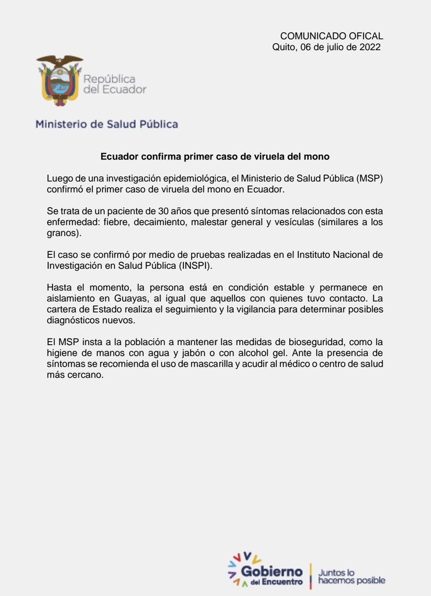 Ma. Cecilia Largacha (@macecilia_l) on Twitter photo Se confirma el primer caso de #ViruelaDelMono en Ecuador. <a href="/Salud_Ec/">Ministerio de Salud Pública 🇪🇨</a> informó que se trata de un paciente de 30 años. Se sabe que está aislado en la provincia del Guayas y que su condición es estable. Se confirma el primer caso de #ViruelaDelMono en Ecuador. <a href="/Salud_Ec/">Ministerio de Salud Pública 🇪🇨</a> informó que se trata de un paciente de 30 años. Se sabe que está aislado en la provincia del Guayas y que su condición es estable.