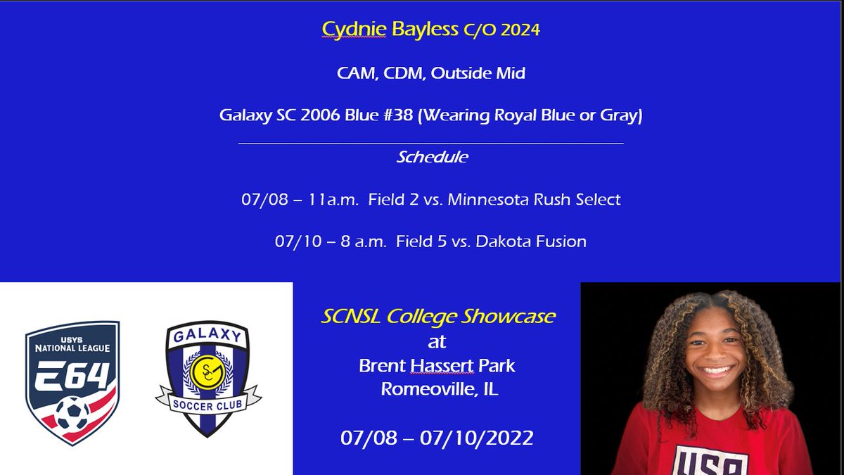 Looking forward to playing in the Chicago Inter <a href="/SelectClubsNSL/">The SCNSL</a> showcase this weekend with <a href="/GalaxySCIL/">Galaxy Soccer Club</a> 06 Blue!!  Please see schedule below…come and watch us play!  <a href="/ImCollegeSoccer/">College Soccer Truth ™</a> <a href="/PrepSoccer/">Prep Soccer ⚽️</a> <a href="/TopDrawerSoccer/">TopDrawerSoccer</a>