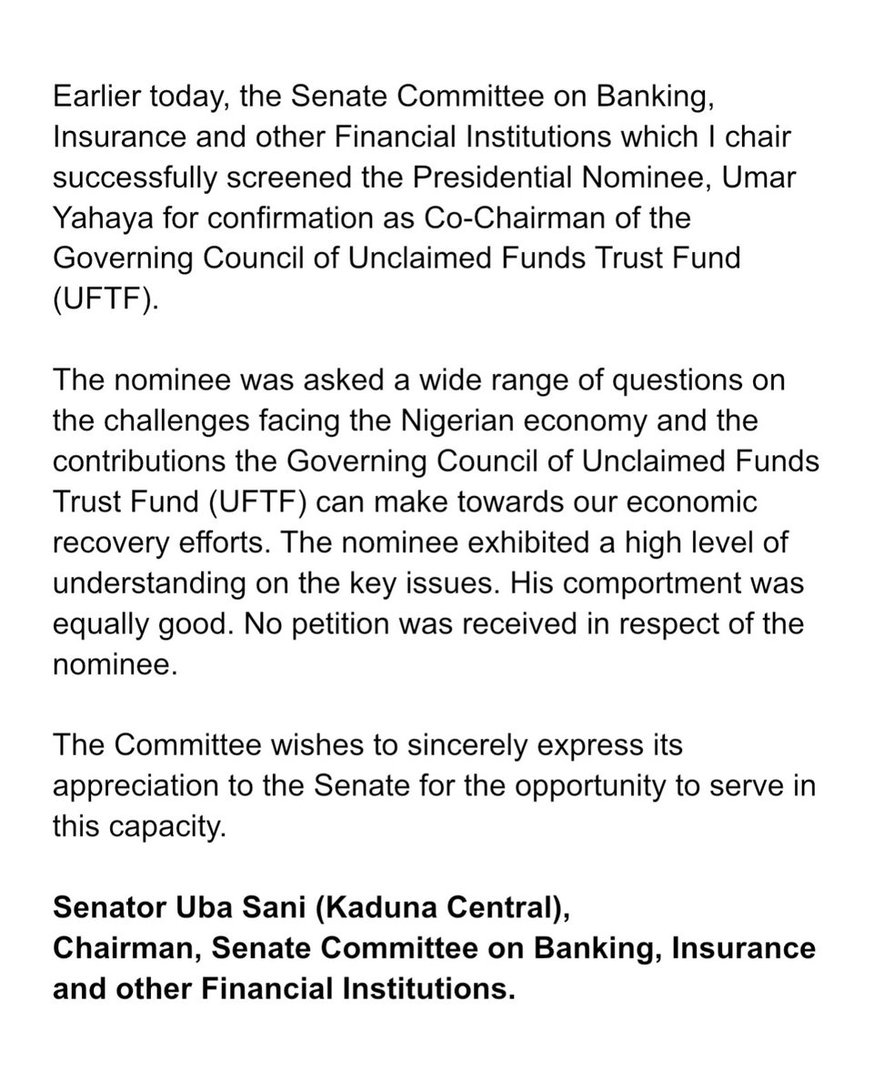 ubasanius's tweet image. Earlier today, the Senate Committee on Banking, Insurance and other Financial Institutions which I chair successfully screened the Presidential Nominee, Umar Yahaya for confirmation as Co-Chairman of the Governing Council of Unclaimed Funds Trust Fund (UFTF).