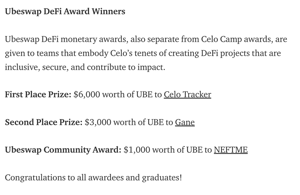 Congratulations to all the camp winners and thanks <a href="/ubeswap/">Ubeswap</a>  for picking us as the winners of the DeFi award!

Looking forward to all the new features we have in store for all of you, we have some cool ones prepared coming soon! 📈