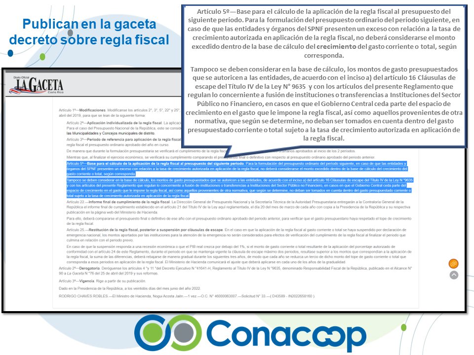 Conacoopcrca's tweet photo. En el Diario Oficial La Gaceta se publicó el decreto que reforma la base para el cálculo de la aplicación de la regla fiscal, lo cual le permitirá al Conacoop disponer de un mayor porcentaje de su presupuesto para sus labores de representación y defensa del movimiento cooperativo https://t.co/clz1Kt69rT