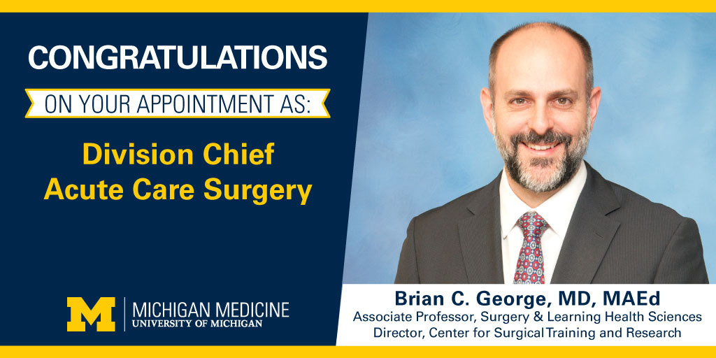 Congratulations to <a href="/bcgeorge/">Brian George</a> for your appointment as the Division Chief for Acute Care Surgery! 🎉

He takes the baton from Dr. Raghavendran, who we can't thank enough for his service, leadership and dedication in the role.