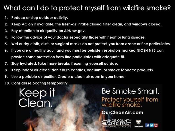 NNPHAQ's tweet photo. Smoke from the #ElectraFire is expected to impact Reno, Sparks, and southern Washoe County this evening and tomorrow. #BeSmokeSmart: protect yourself and others from wildfire smoke. Expect Moderate to Unhealthy for Sensitive Groups air quality at times. https://t.co/swLGlxDwqy