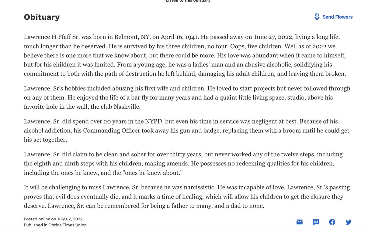 Phil_Lewis_'s tweet photo. Yeah this is the most scathing obituary i've ever read

"Lawrence Sr.'s passing proves that evil does eventually die, and it marks a time of healing, which will allow his children to get the closure they deserve." 

https://t.co/aL3ZKzm90B https://t.co/okvgHa8DRA