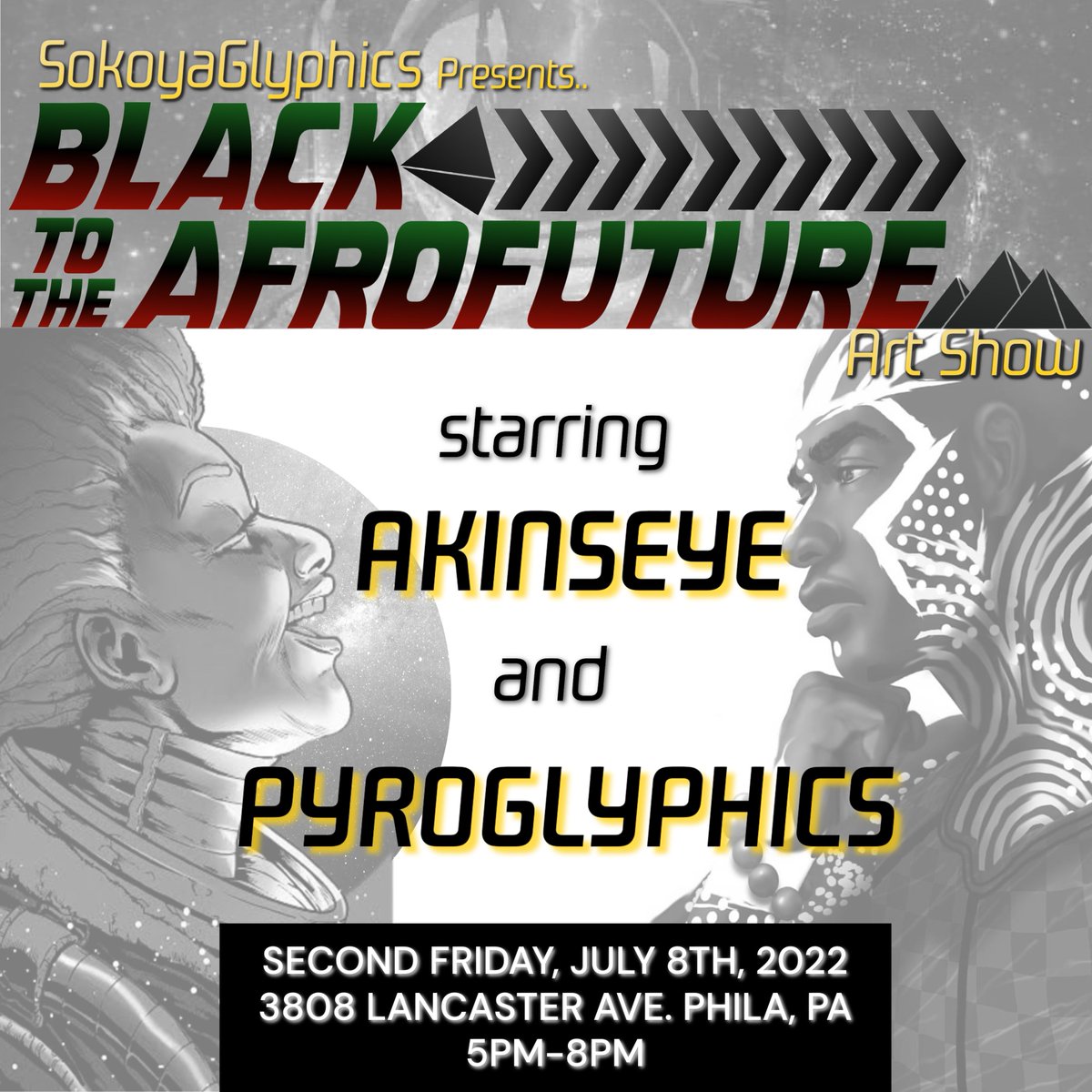 It's time and we're ready:
We're going BLACK TO THE AFROFUTURE.

UltraSilk gallery hosts artists Shawn Alleyne &amp; Akinseye Brown showing their visionary and illustrative talents.

Opening Reception will be this Friday, July 8th. Stop by and share the cosmic energy!

#afrofuturism