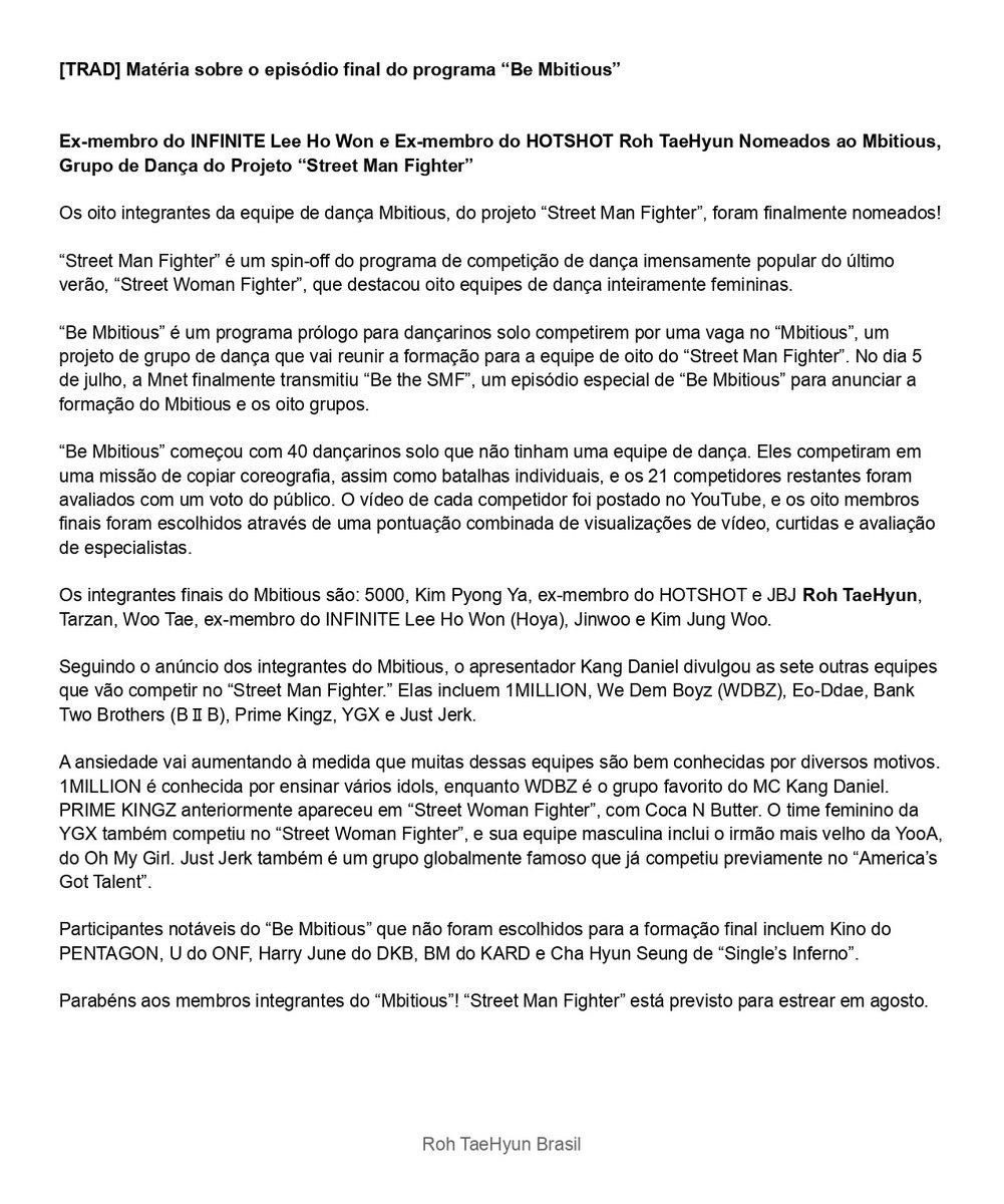 RTH_br's tweet photo. #TRAD • 06.07.22 | Artigo sobre a final do programa #BeMbitious.

“Ex-membro do INFINITE Lee Ho Won e Ex-membro do HOTSHOT Roh TaeHyun Nomeados ao Mbitious, Grupo de Dança do Projeto ‘Street Man Fighter’”

📰 https://t.co/j1ljTvCqFy

#ROHTAEHYUN #노태현 #비엠비셔스 #SMF https://t.co/5iqwc1MhrH