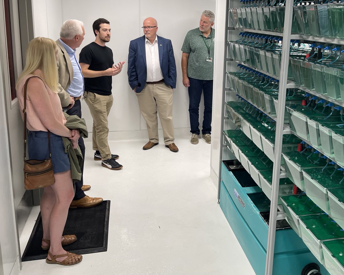MSUAgBio's tweet photo. Members of the Great Lakes Fishery Commission (@LampreyControl) visited MSU’s campus today to tour a new $3.4M GLFC-funded lab to investigate the potential of genetic control methods for sea lamprey. The lab will be under the direction of AgBioResearch scientist Weiming Li. https://t.co/eZUbYfOALb