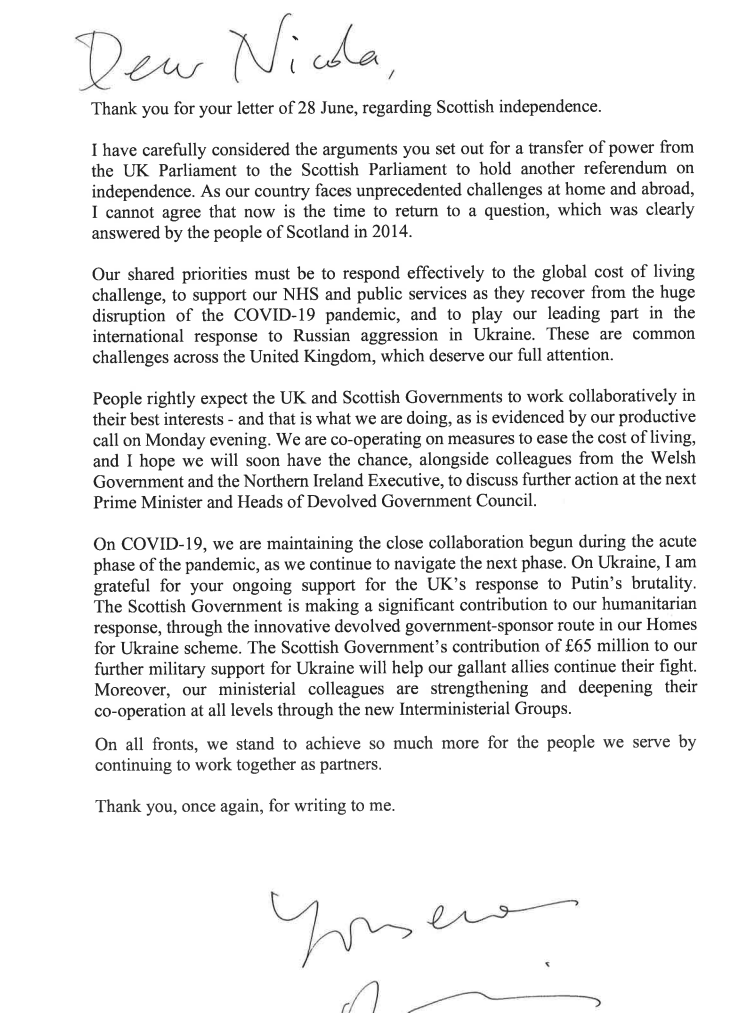 STVNews's tweet photo. Boris Johnson's letter to Nicola Sturgeon refusing to grant the Scottish Government power to hold a second independence referendum in full.
https://t.co/omOPQbuCtb https://t.co/dVqmtJbUz3