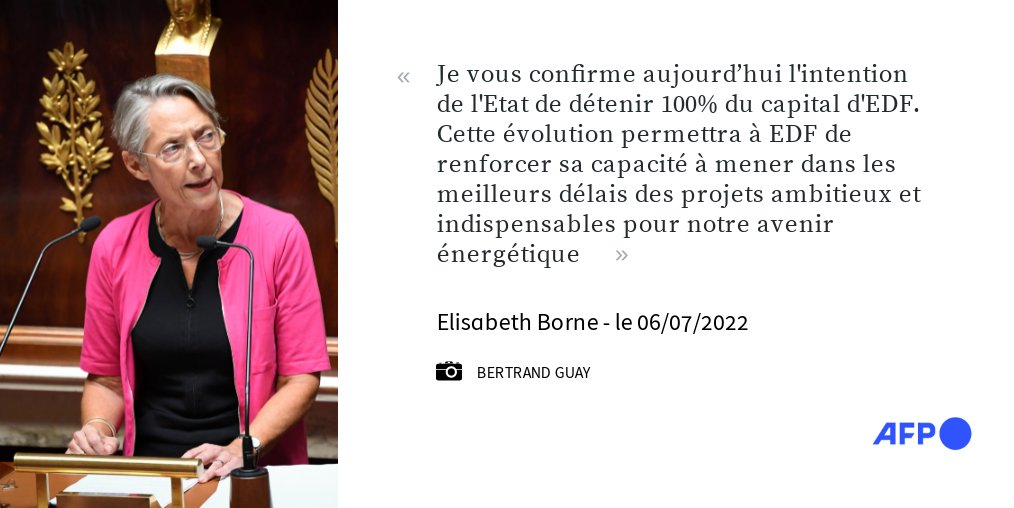 afpfr's tweet photo. [A LA UNE A 20H]
La Première ministre Élisabeth #Borne a annoncé dans sa déclaration de politique générale l'intention du gouvernement de renationaliser à 100% l'énergéticien #EDF, lourdement endetté et mis au défi de lancer un nouveau programme nucléaire #AFP 1/5 https://t.co/keSqmvBfrB
