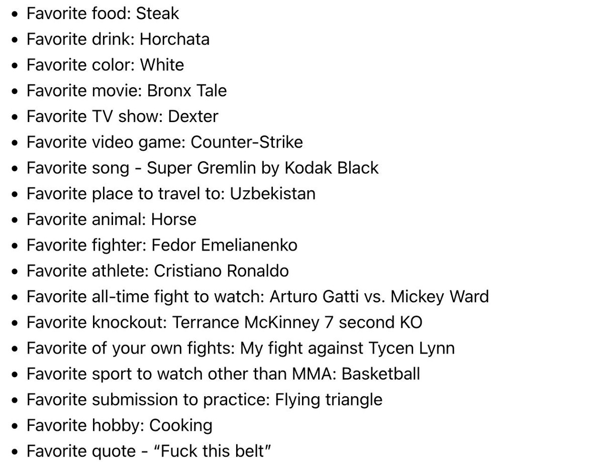 AlexBehunin's tweet photo. Humanizing Athletes:
Saidyokub Kakhramonov

Saidyokub lists some of his favorite things ahead of his fight this weekend at #UFCVegas58 https://t.co/pjPFQ35mhi