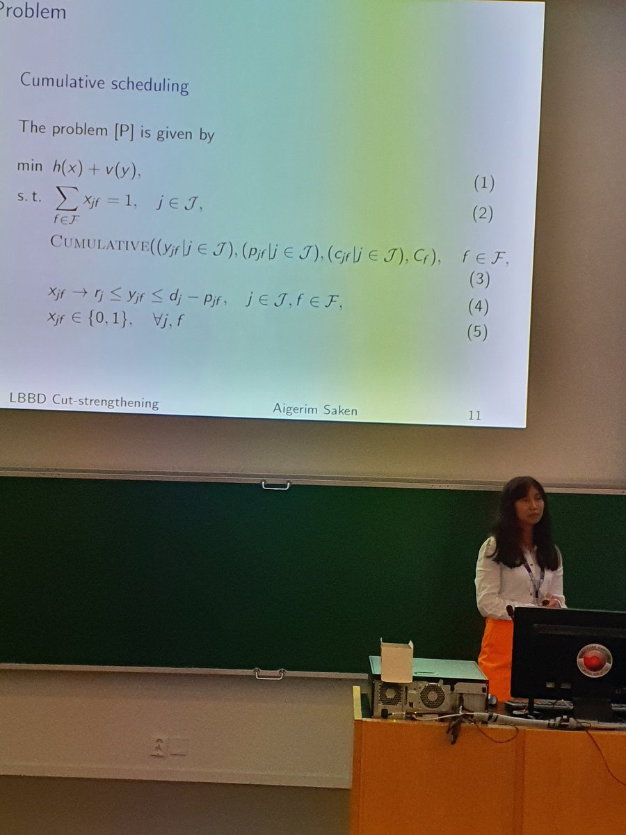 elina_ronnberg's tweet photo. Final day of #EURO2022 and PhD student @AigerimSaken is doing a great job presenting our + @sj_maher + @emil_j_ work on cut-strengthening techniques for Logic-based Benders Decomposition. Thanks @k_conference for this time and to all people involved in making happen! https://t.co/r54Lc3Uy7w
