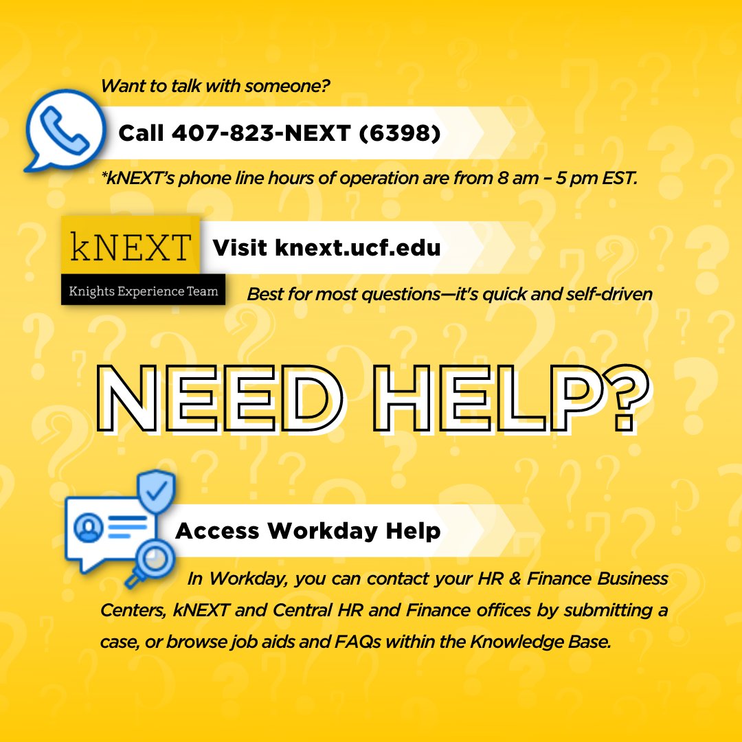UCFKnightVision's tweet photo. Need help with #Workday, HR or Finance inquiries? Visit https://t.co/V4ewicstOt or call 407-823-6398. You can access Workday Help by selecting the upper-left global navigation menu in Workday and selecting "Help"
▪️
#KnightVision #UCF #UCFIT #UCFStaff #UCFFaculty https://t.co/3Wo4IISuhA