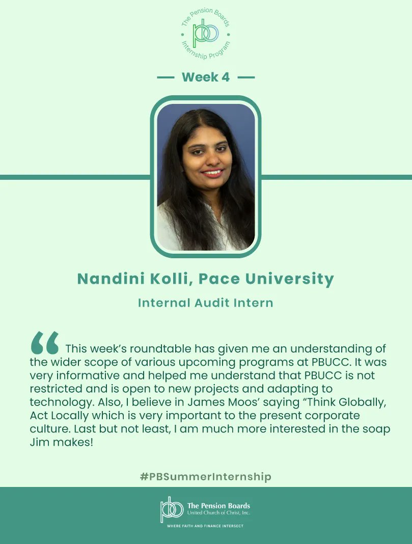 PensionBoards's tweet photo. Last week our Chief Operating Officer, James Moos motivated our interns of the #summerinternship program by providing great insights into PBUCC's mission of #FaithandFinance. Here's what Nandini, our internal audit intern has to say about the session! #PBSummerInternship #joinus https://t.co/GSyyr9lbxB