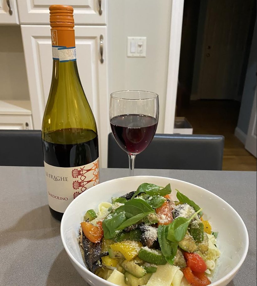 Papardelle with zucchini, peppers, mushrooms, fresh basil, and parmigiana with the Le Fraghe Bardolino. #summerdining #summerred #redwinelover #foodandwine