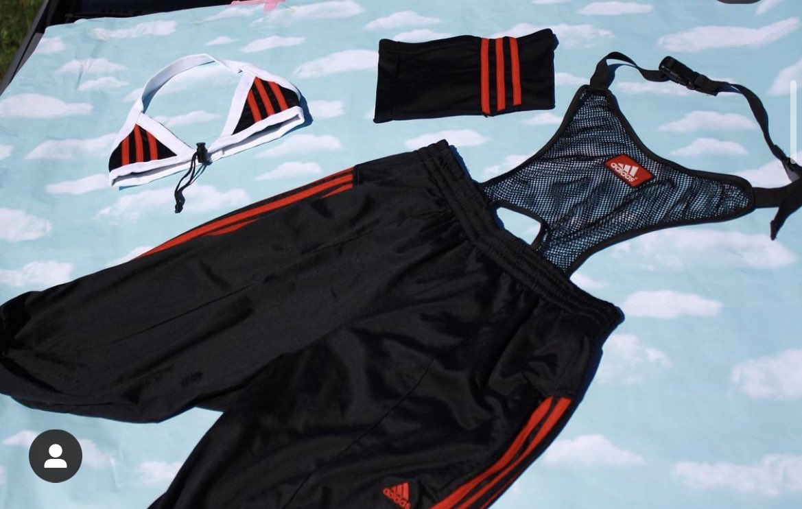 theuglypeach1's tweet photo. Bet y’all didn’t know I handmake upcycled clothes too, this 3 piece set was made entirely from a pair of Adidas sweatpants and an old adidas soccer backpack #adidas https://t.co/7teaRm9LYW