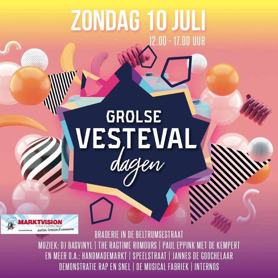 Zondag 10 juli de Grolse Vesteval dagen met een braderie, vintagemarkt, muziek en heel veel meer. Dus kom naar Groenlo.