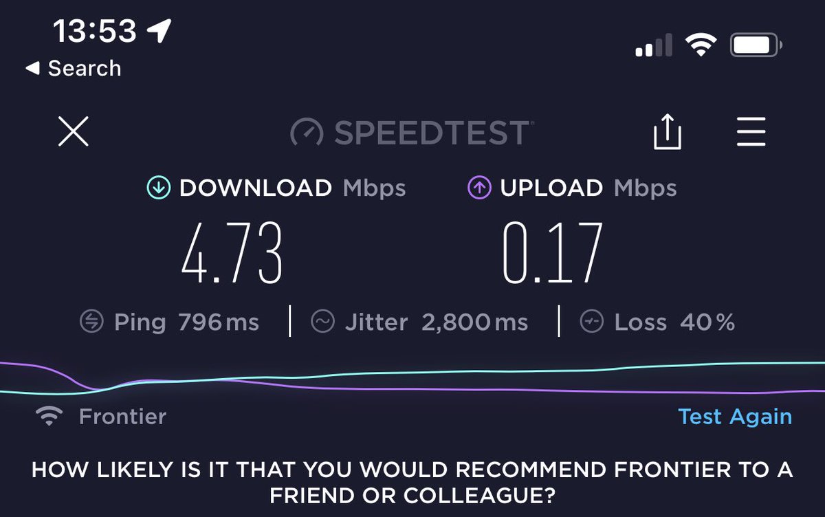 This is the speed #frontier ⁦<a href="/FrontierCorp/">Frontier Internet</a>⁩ expects us to run our business with. Called many times. Nothing done and no concessions. $43 a mo. Despite Customer for decades. In case anyone is shopping for wifi service just an FYI. Can’t even send each other a photo. Fails.