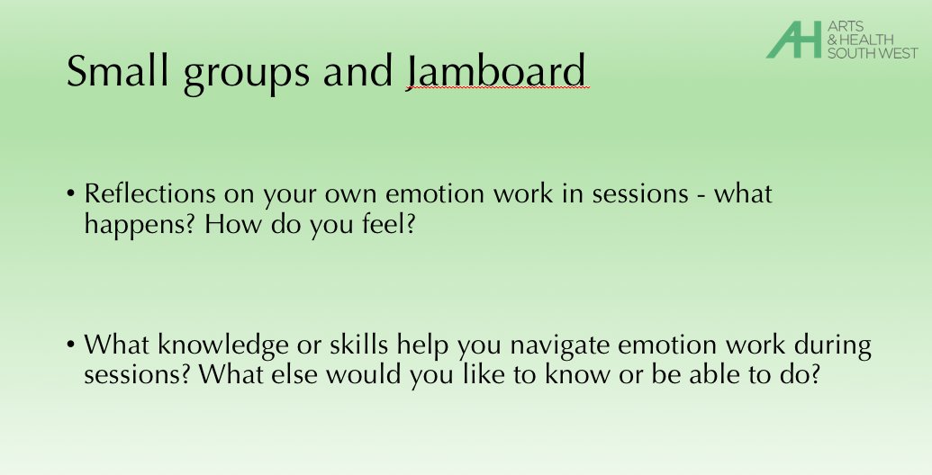 We had a fantastic collaborative learning workshop today on navigating the emotion work of creative health facilitation. Great sharing of experience, expertise and resources. Thanks to panellists <a href="/KerryNysa/">Kerry lanigan</a> and <a href="/vickyryves/">Victoria Ryves</a>, and to all the participants. We should do ti again!