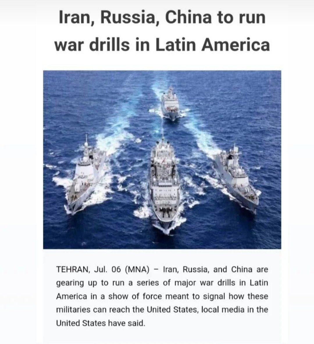 ERSHADMANESH100's tweet photo. #China, #Russia, and #Iran will hold joint military #drill in the #safe_zone of the #US. https://t.co/NI4qDRXMm2