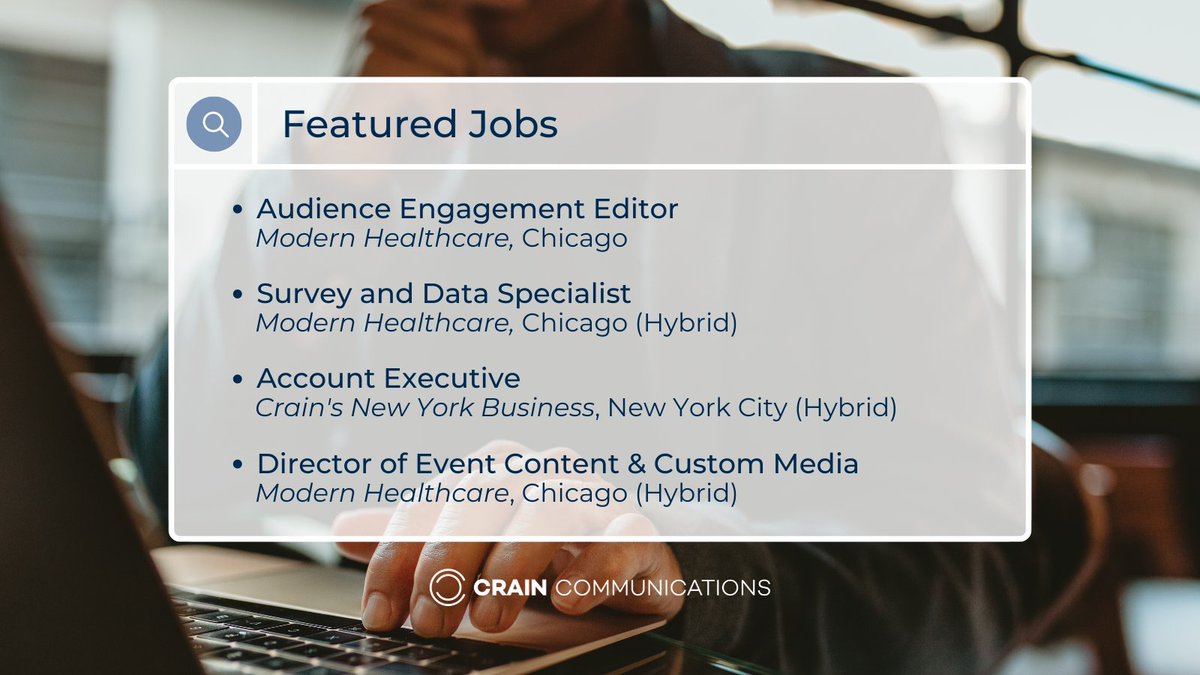 CrainComm's tweet photo. Join our Crain team! We are recruiting across several teams in many locations, including Chicago, NYC, Detroit, & Cleveland, + we offer a 401(k) match, paid parental leave, remote/hybrid opportunities, & more. Check out some of our top positions below:
#hiring #crainteam https://t.co/DrkEvW2FVZ