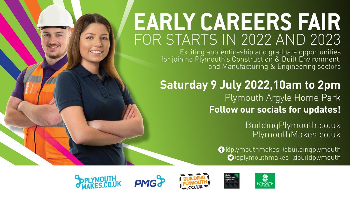 Looking at a future in engineering, construction or manufacturing? 

Head to the Early Careers Fair at Home Park on 9 July, 10am-2pm.

Chat to employers, try activities and find live vacancies.

<a href="/buildplymouth/">Building Plymouth</a> @plymouthmakes #EarlyCareersPlymouth