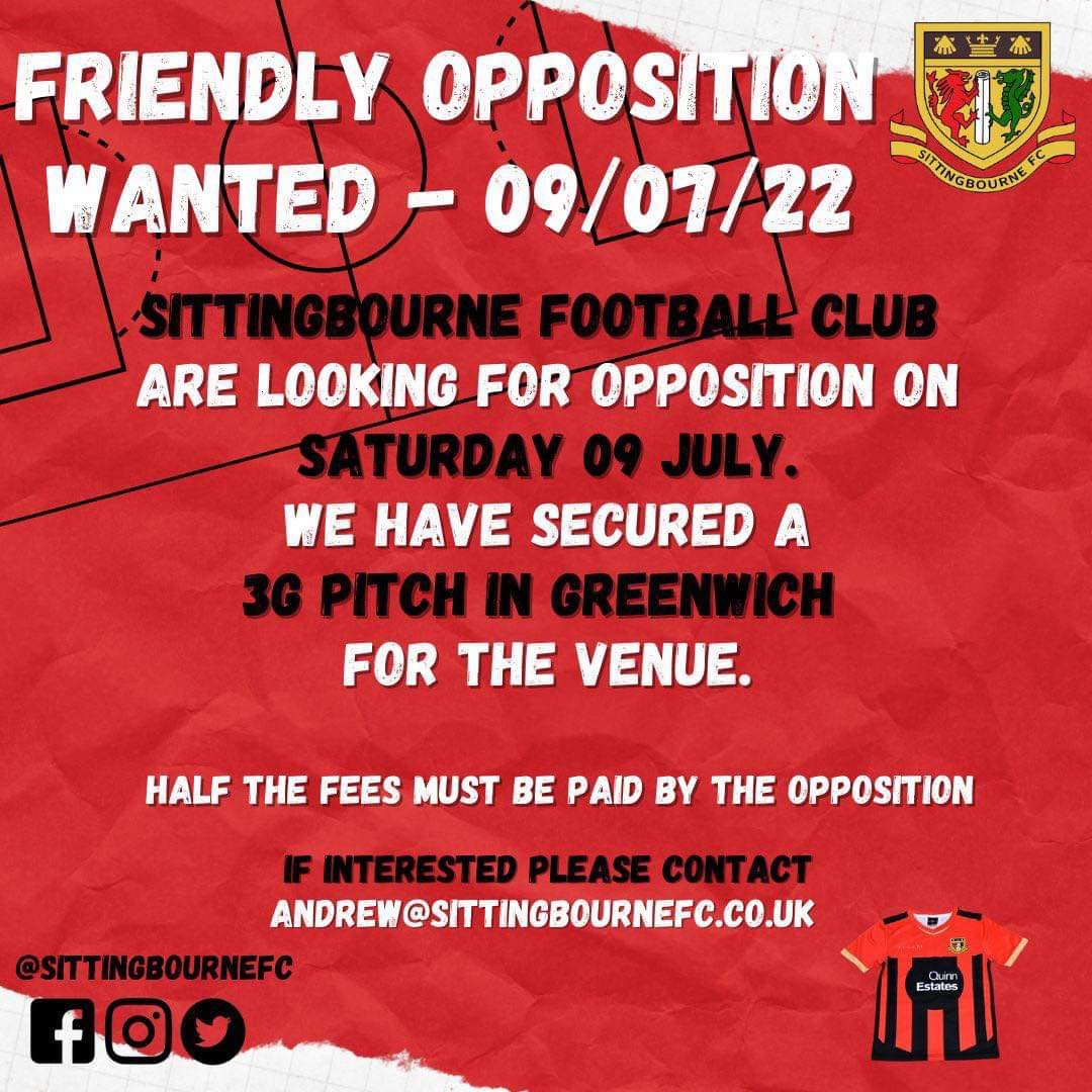 We are looking for a friendly for the 09/07/22

<a href="/IsthmianLeague/">The Pitching In Isthmian League</a> <a href="/SCEFLeague/">Presence & Co. SCEFL League</a>