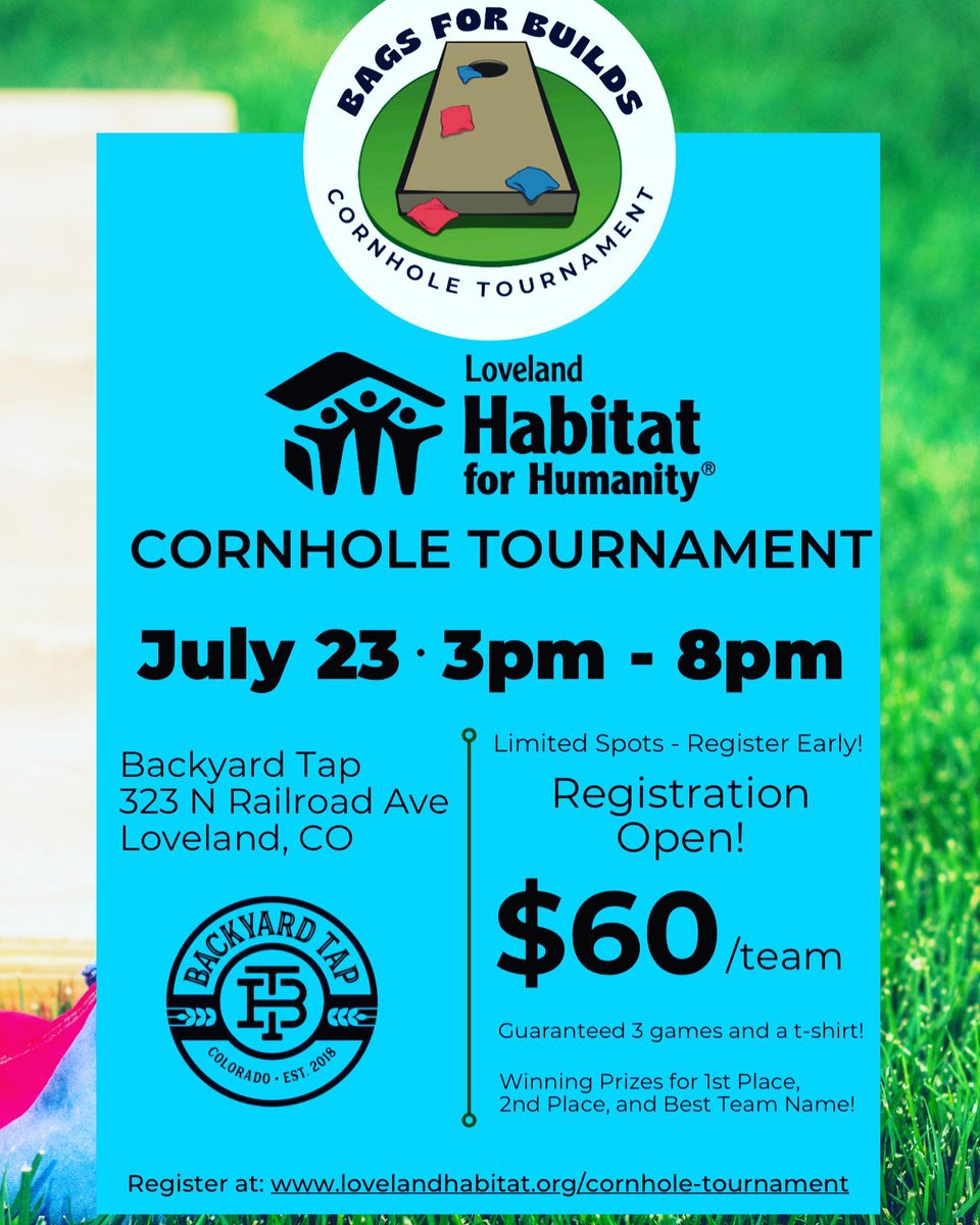 "Bags For Builds" 
Cornhole Tournament benefiting Loveland Habitat for Humanity. 
Sat (7/23) 3-8p
Register early at: lovelandhabitat.org/cornhole-tourn…

#cornholetournament #teams #nonprofit #Friends #livemusic #foodtrucks #wine #Craftbeer #cider #seltzer #beergarden