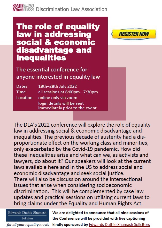 DLAinfo's tweet photo. Booking is open for the DLA Conference 18-28 July (9 sessions starting at 6pm) which will explore the role of equality law in addressing social &amp; economic disadvantage and inequalities - you can find full details of fantastic speakers and how to book here: https://t.co/TPyuYiu6g5 https://t.co/UWGgtkNeA9