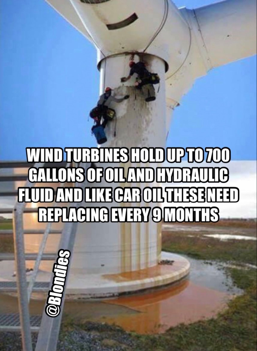 太讽刺了吧：

每个风力发电站要用大约700加仑 （3182升）机油和液压润滑油。 而且和汽车一样，每9个月就必须更新一次。

真的绿色环保吗？