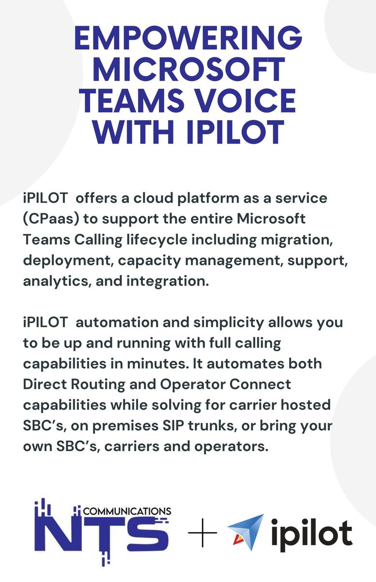 NTSCOMINC's tweet photo. Taking your setup from days to minutes with iPILOT. 

With all your capabilities up and running in a short amount of time while having everything in one place, what more could we ask for?! 

Ask us about it today! 📥
#Tech #NTSCOM #iPILOT #OperatorConnect #WednesdayHelp #Tech2022 https://t.co/jz1Suf9O56