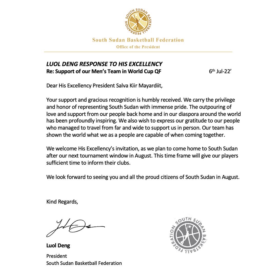 We are humbled by H.E. The President's support and we are honored to represent our country with pride and joy.

We will go home in August to celebrate together as we stand united with our brothers and sisters! 🇸🇸🏀❤️