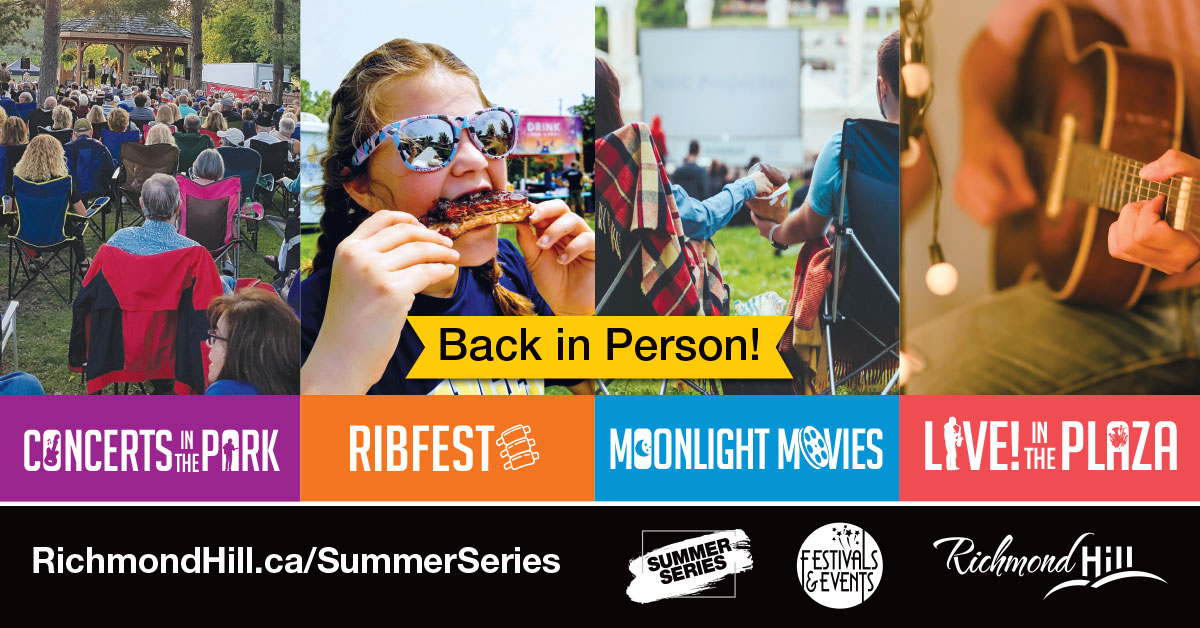 myRichmondHill's tweet photo. We're putting the fun back into summer with a series of free in-person events for the community! From outdoor concerts to an entire weekend of ribs, take advantage of all the fun things to see and do in our City this July. View the full schedule >> https://t.co/5EgIGyfbZH https://t.co/q2jyaPmcHU