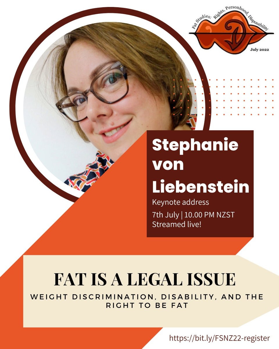 FSNZ221's tweet photo. Join us at 10pm NZST today i.e. July 7th for our first keynote addressed LIVE by @StephanievonLi1 on Fat and the Law! 

Cannot wait!

Register at:
https://t.co/G8UYCYpjie

Recordings of all sessions available to access for three months!

#fsnz22 #fsnzlive #fatstudies #fsnz https://t.co/BCaIFfQCaq