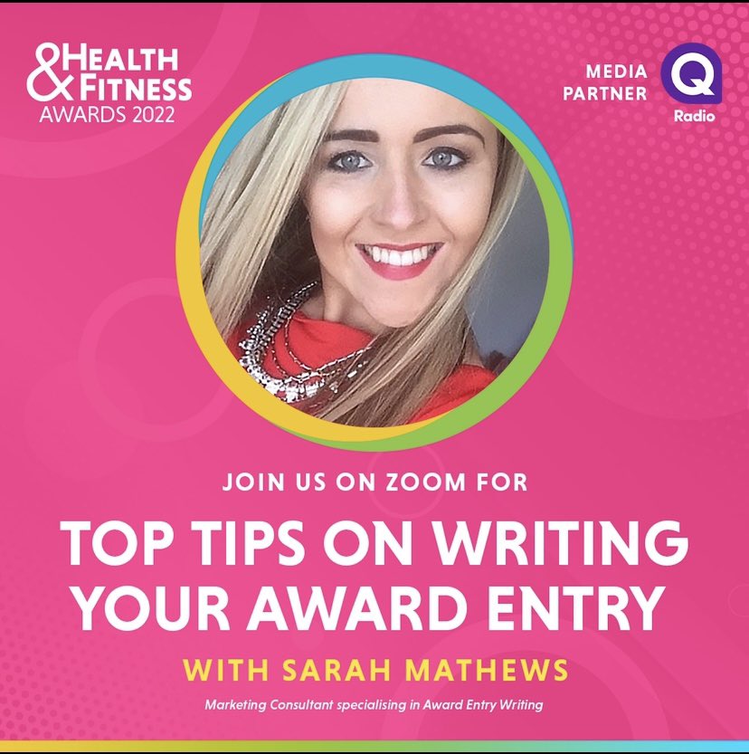 Join us at 1pm on Fri 8th July for Top Tips &amp; Advice for writing your entry for this year’s NI Health &amp; Fitness Awards.

Sarah Mathews is an experienced  Marketeer &amp; is passionate about showcasing businesses through Award Entry Writing. 

PM us &amp; we will send you the link 🤩