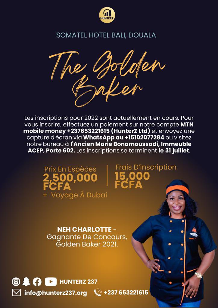 missginapromote's tweet photo. The Golden Baker Competition is all about Cameroonian bakers coming together to network, share their experiences and skills and also compete for the sum of 2.5million Francs and a Trip to Dubai powered by @hunterz237 https://t.co/yXCL5FN6kj