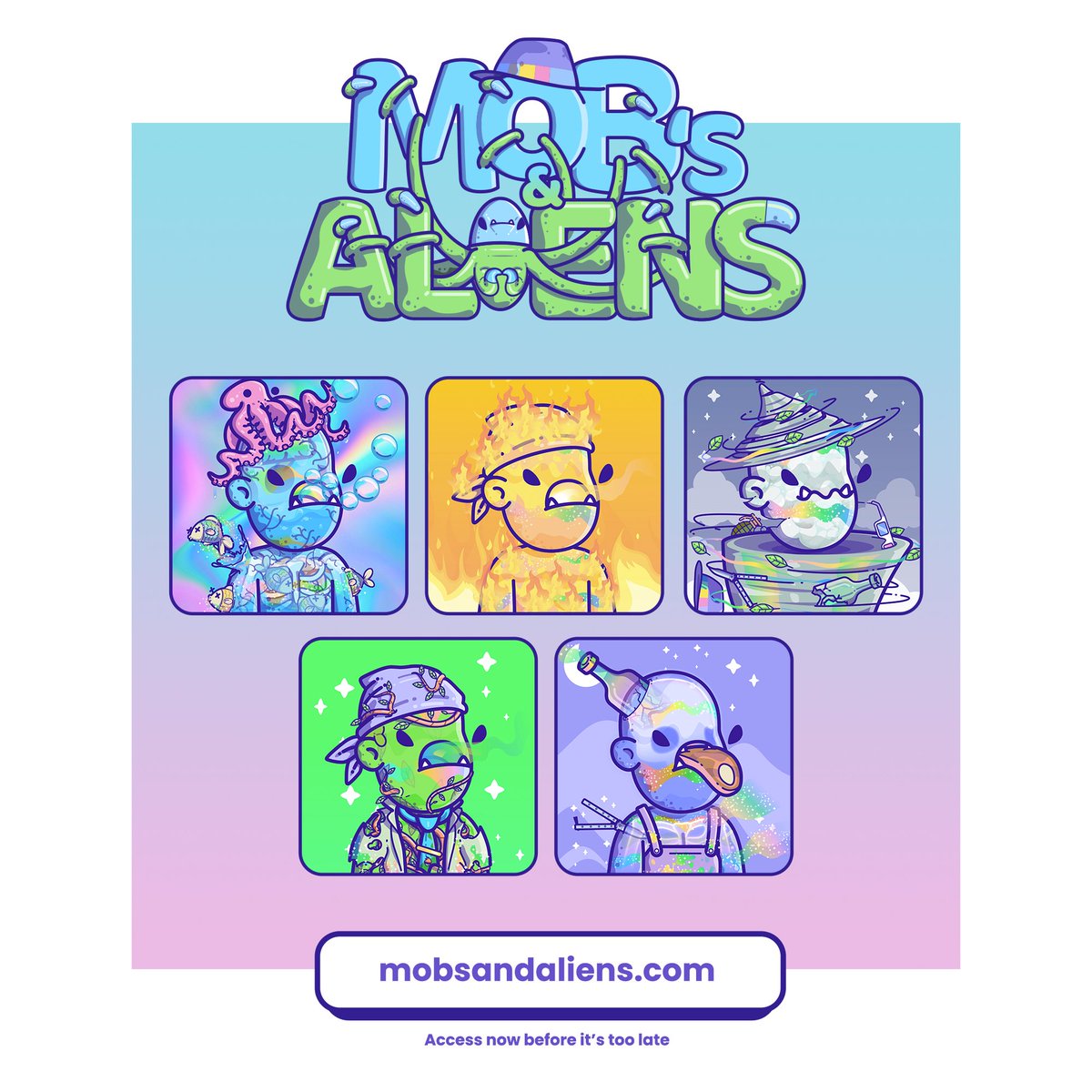 1/6 #MnA The abductions continued, but the cloaking devices were not perfectly adapted to the Earth's atmosphere, so the abductees mutated even more.
From these mutations arise the Metamobs! 👽

🛸 WL mobsandaliens.com

🗓️ #Freemint JULY 9TH - 6PM EST

#NFTs #NFTCommunity