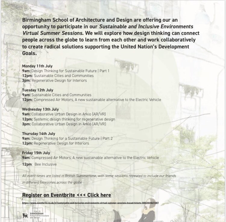 Join us for our online sustainable &amp; inclusive environments #SummerSchool, 11-19th July. Brilliant sessions on regenerative design, biodiversity, systems thinking, design thinking, new materials, alternative transport and much more. Sign up here: eventbrite.co.uk/e/sustainable-…