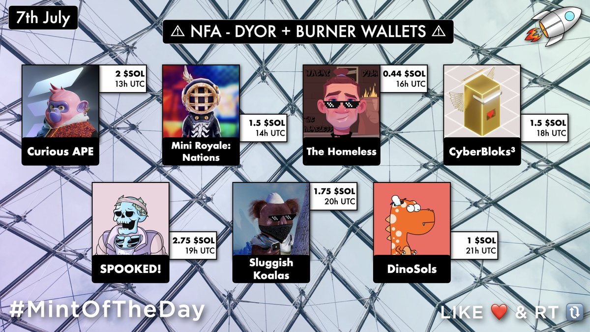 Nico (@mintoftheday) on Twitter photo 🔥 Tomorrow's Trending #SolanaNFTs 🔥
13UTC・@curiousape_nft・2 $SOL
14UTC・<a href="/MiniNations/">Mini Royale: Nations</a>・1.5 $SOL
16UTC・<a href="/Thehomeless_nft/">The Homeless - Sold Out</a>・0.44 $SOL
18UTC・<a href="/CyberBloks/">CyberBloks³</a>・1.5 $SOL
19UTC・<a href="/USPOOKEDME/">SPOOKED!</a>・2.75 $SOL
20UTC・@SluggishKoalas・1.75 $SOL
21UTC・<a href="/DinoSols_NFT/">DinoSols - SOLD OUT!</a>・1 $SOL
#MintOfTheDay 🚀 🔥 Tomorrow's Trending #SolanaNFTs 🔥
13UTC・@curiousape_nft・2 $SOL
14UTC・<a href="/MiniNations/">Mini Royale: Nations</a>・1.5 $SOL
16UTC・<a href="/Thehomeless_nft/">The Homeless - Sold Out</a>・0.44 $SOL
18UTC・<a href="/CyberBloks/">CyberBloks³</a>・1.5 $SOL
19UTC・<a href="/USPOOKEDME/">SPOOKED!</a>・2.75 $SOL
20UTC・@SluggishKoalas・1.75 $SOL
21UTC・<a href="/DinoSols_NFT/">DinoSols - SOLD OUT!</a>・1 $SOL
#MintOfTheDay 🚀