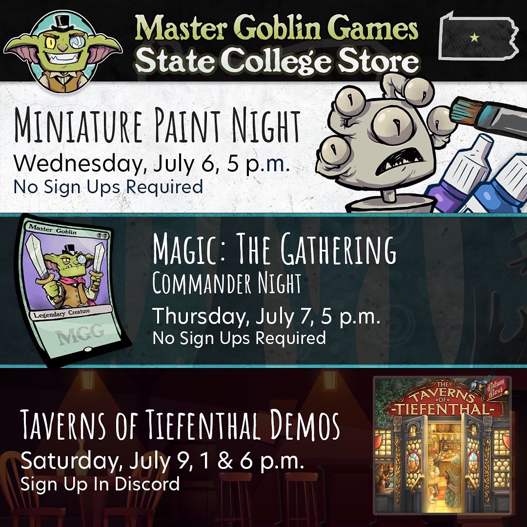 MasterGoblins's tweet photo. THIS WEEK👇🏽 🔔 Here are the schedules for this week! State College, Denver, and Miami have a lot going on. Check it out!! 📌
#mastergoblingames https://t.co/BhpmZgkZPo