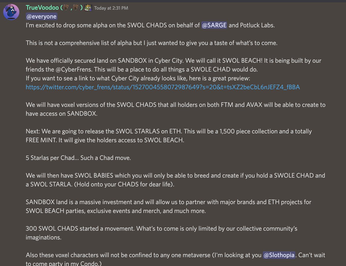 _TrueVoodoo's tweet photo. The Alpha has officially been dropped on #SWOLCHADS.
@FantomPunks + @PotluckProtocol + @TheSandboxGame + #SWOLSTARLAS + @cyber_frens 

This is just the beginning.
#avax $FTM #NFT https://t.co/6sFWm4jl5d