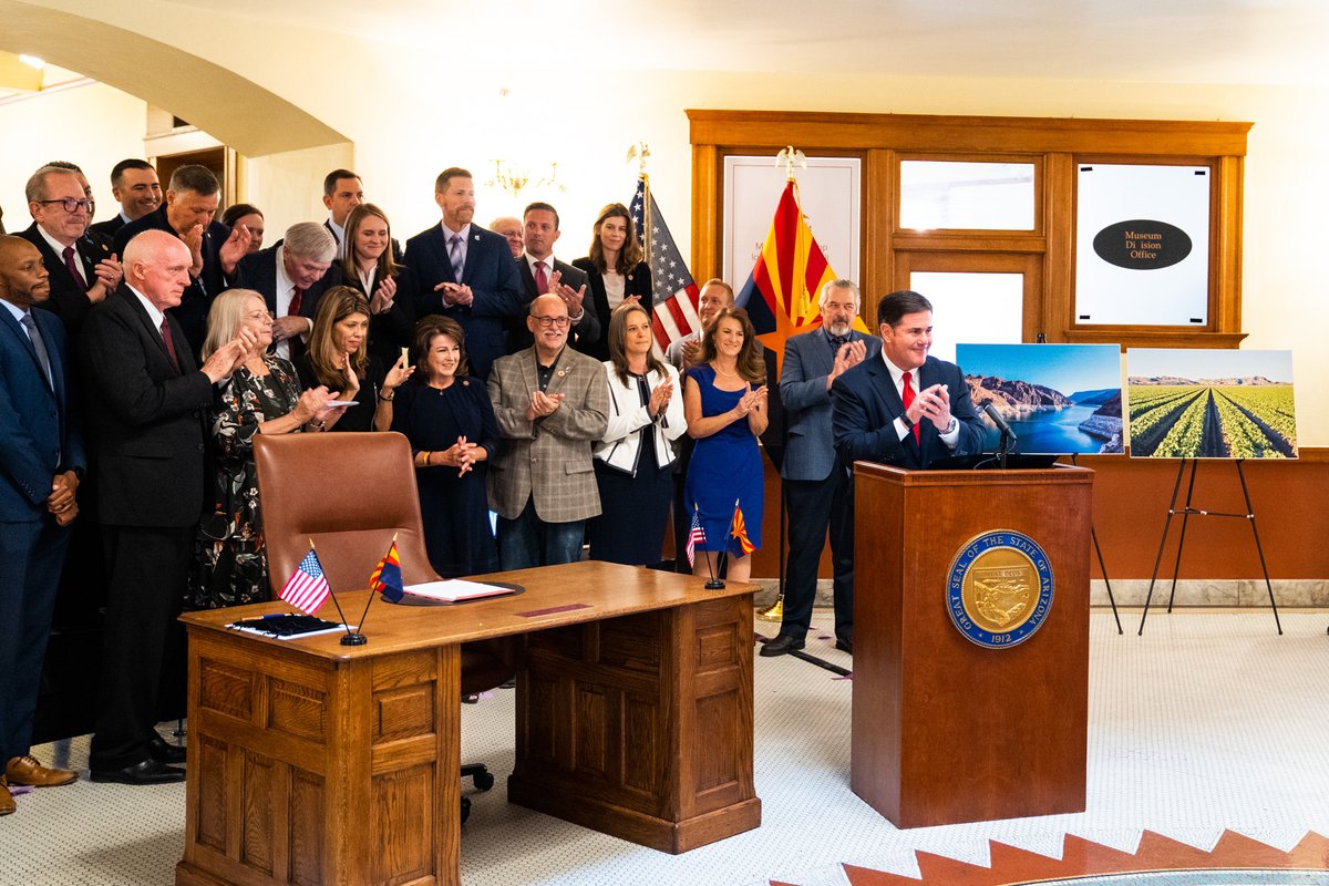 DougDucey's tweet photo. SIGNED: Historic legislation that makes an unprecedented $1 billion investment to secure Arizona’s water future. We are taking a bold step to do what the men and women of Arizona hired us to do — position our state for success today, tomorrow and for generations to come. 1/ https://t.co/wiadIt2g0h