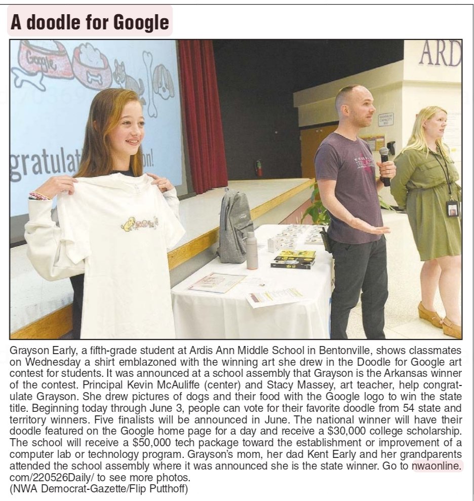kent_early's tweet photo. Grayson needs your vote! She is the AR State Champ for doodle for Google! Voting starts July 7-12th. The national winner will recieve a $30k college scholarship and their school (Ardis Ann Middle School) would receive $50k towards technology. https://t.co/N2nJwKn0In